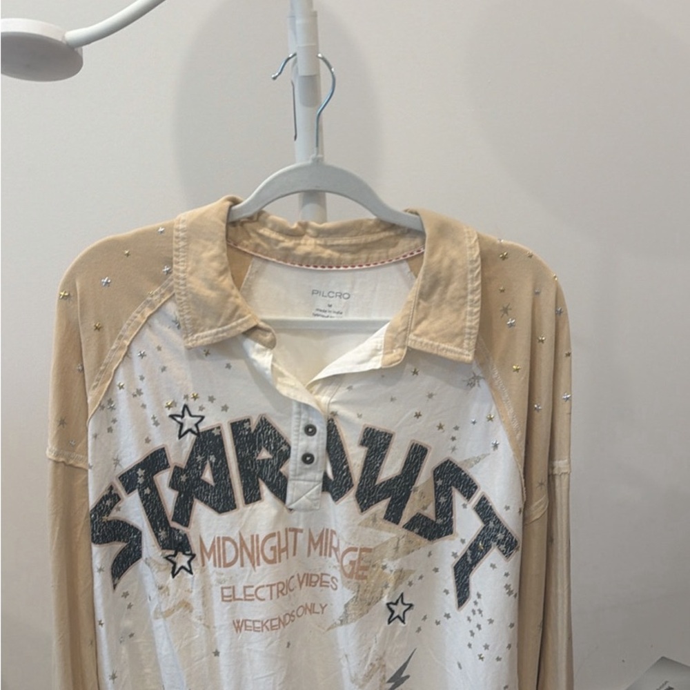 Anthropologie Pilcro 'Stardust' Beige and White Graphic Long Sleeve Top